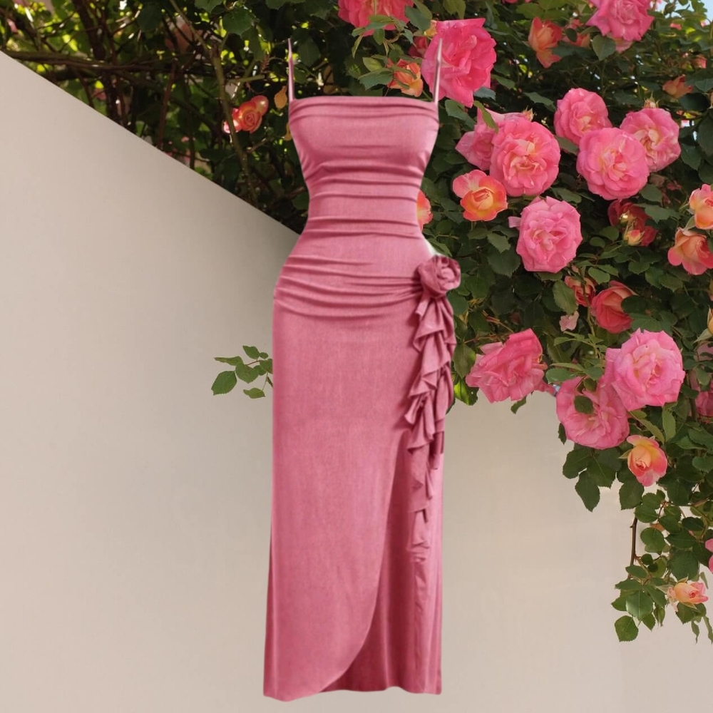 Sleeveless Ruched Rose-Accent Midi Dress in Dusty Rose